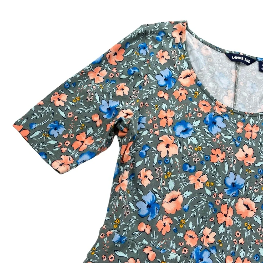 Lands’ End Womens Medium Gray Blue Orange Floral Short Sleeve Midi T-shirt Dress - Picture 7 of 16